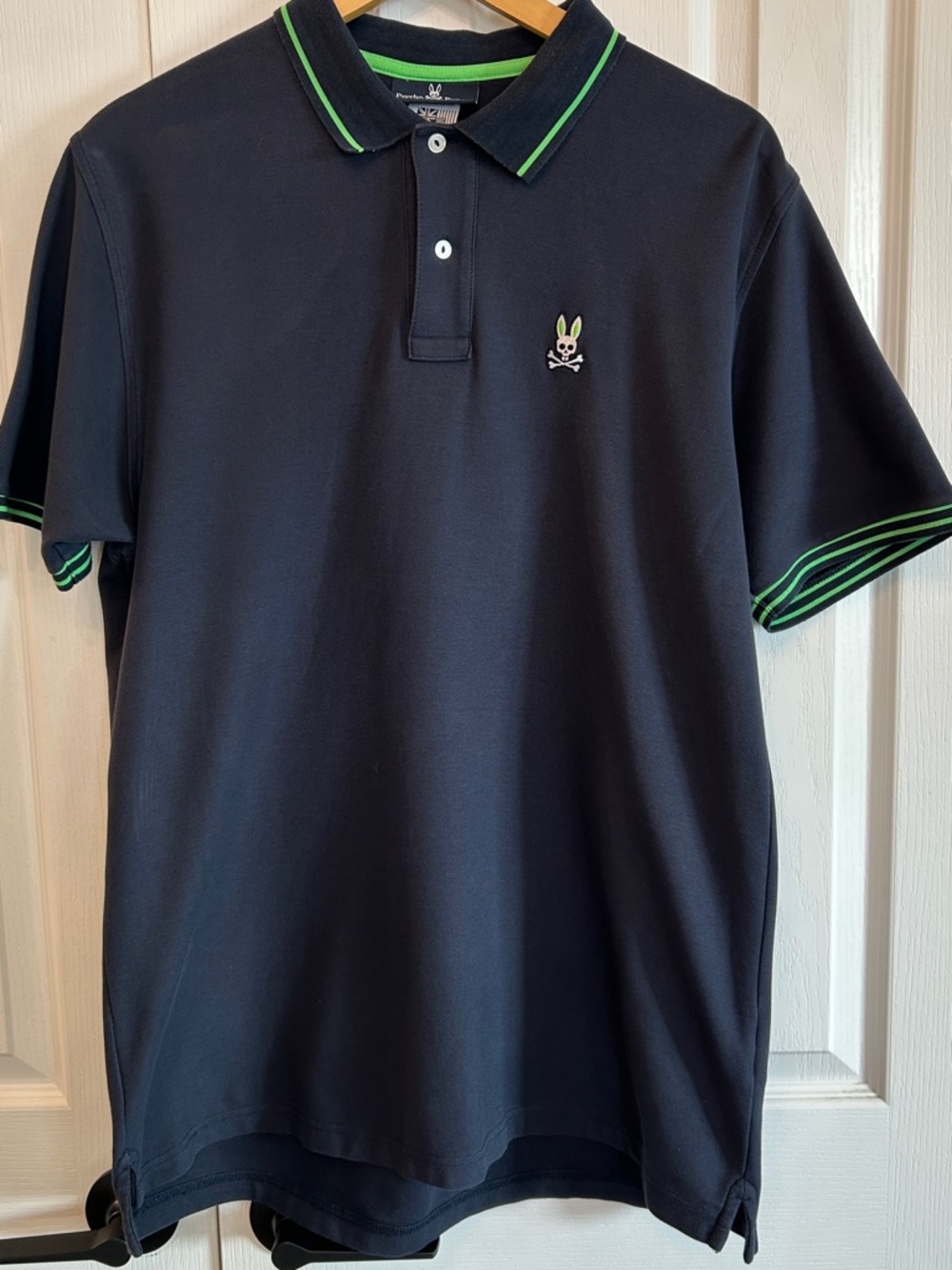 Psycho Bunny Navy Polo Shirt Green Trim Size 7 XL EUC
